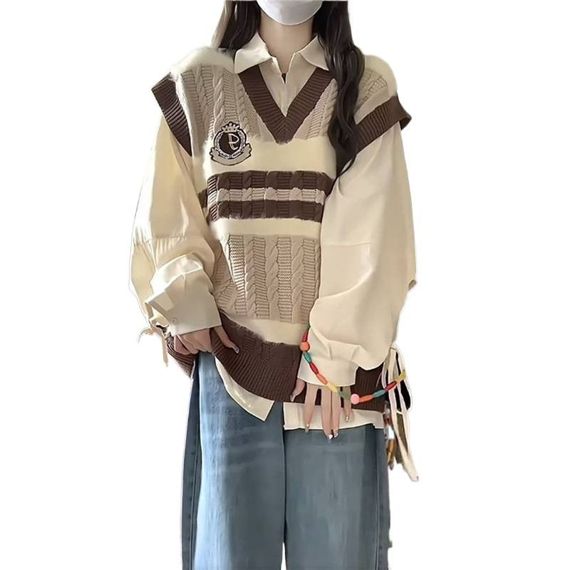两件套装/春秋季新款日系甜美学院风撞色v领针织马甲背心女长衬衫|undefined