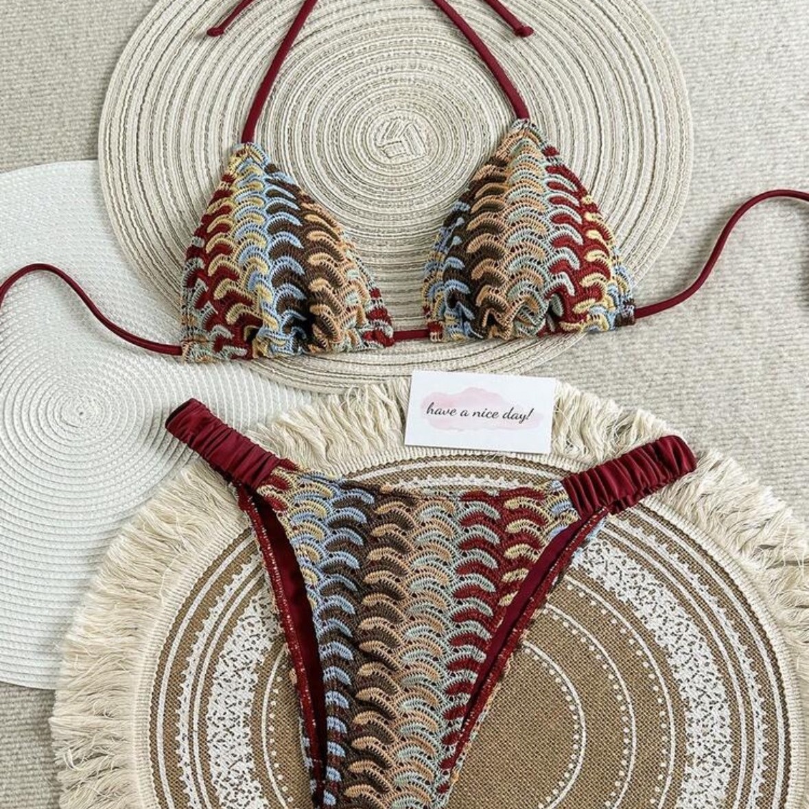Women's Clothing Style Tie Up Sexy Bikini Swimsuit Hollow Knitted Two Piece Beach Vacation Women's Clothing_voghion.com