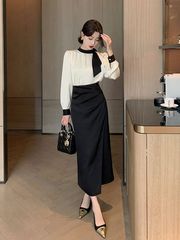 法式套装裙女2025春秋新款蝴蝶结撞色衬衫高腰开叉半身裙两件套