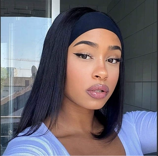 短直发冰丝发带假发全头套BOBO波波头假发真人发丝human hair wig
