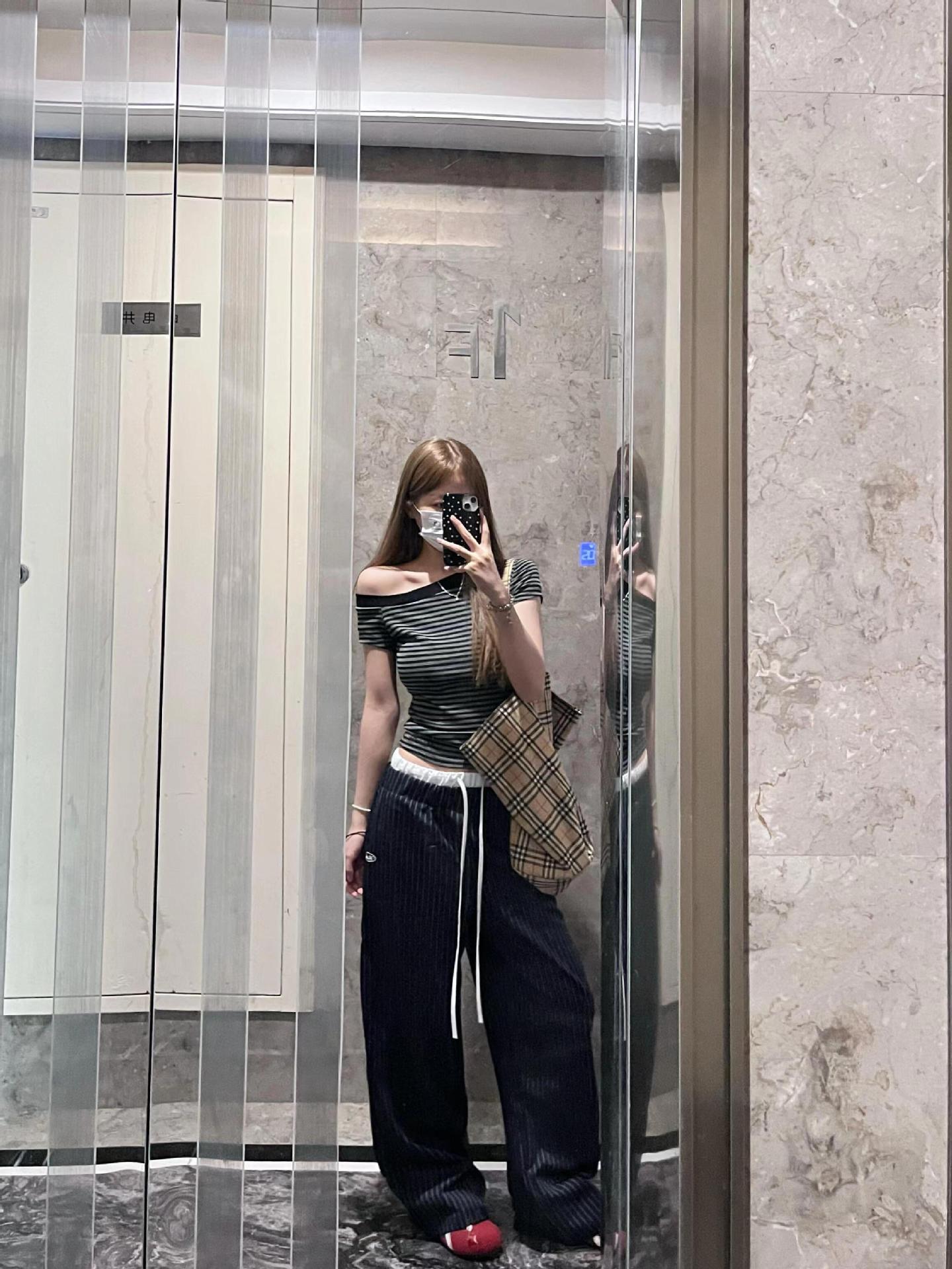 아메리칸 스타일 레트로 스트라이프 반팔 티셔츠 여성 여름 새로운 슬림 핏 슬리밍 세련된 하이