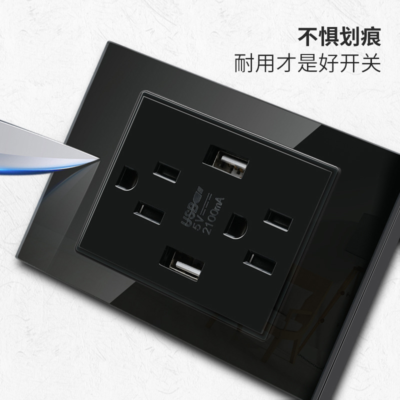 Taiwan Made USB Tempered Glass 16A Switch Outlet Black 110V-250V Wall Outlet Panel Wholesale