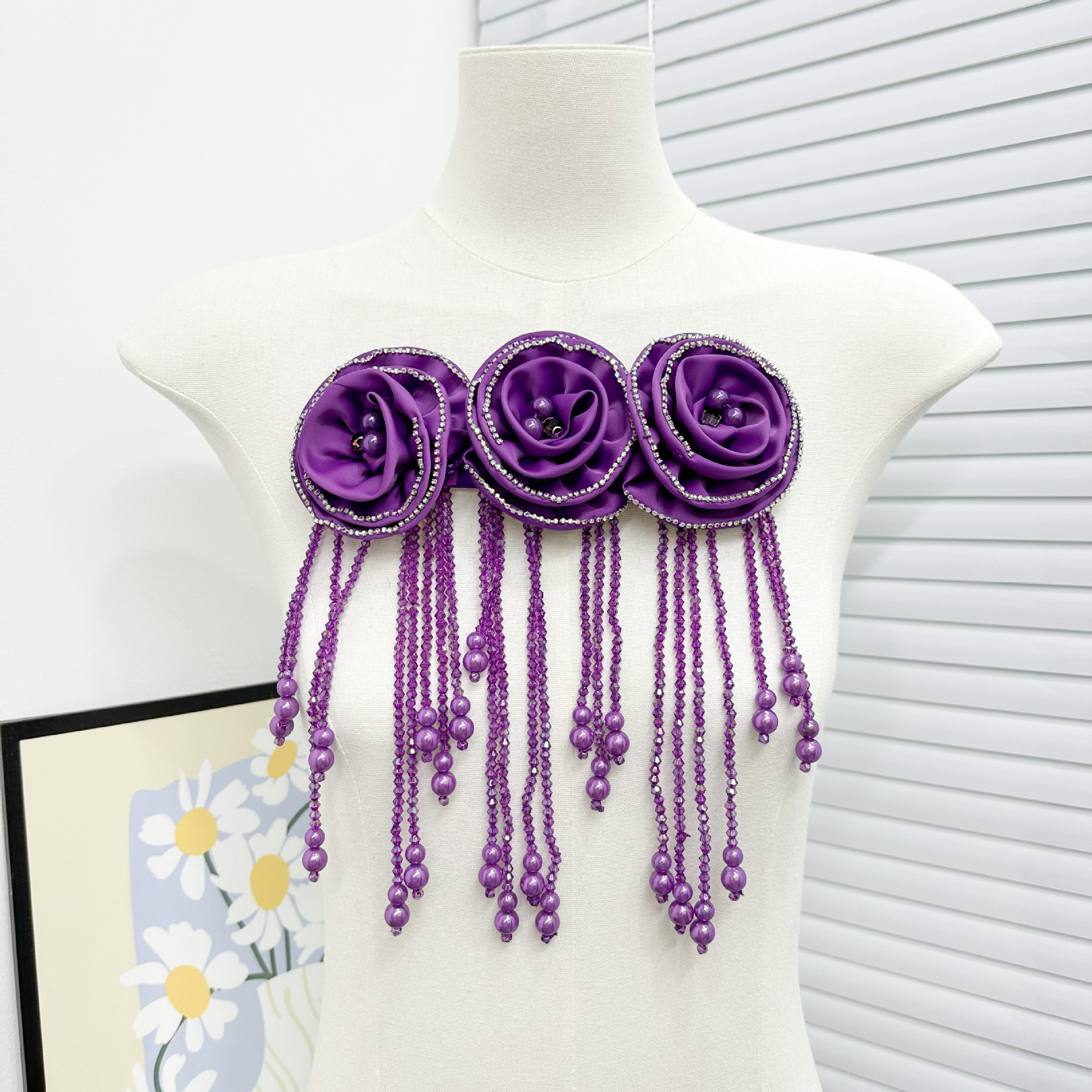 Transfronteriza industria pesada diamante bordado tela tridimensional rosas bordado pecho dulce choker cheongsam accesorios de vestido