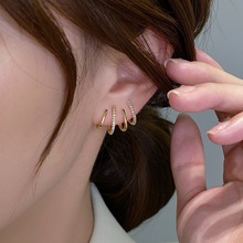 s925银针四爪耳排耳环锆石镶嵌抖音冷淡风高级设计感耳饰弧形耳钉