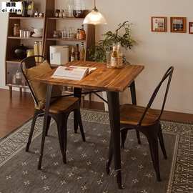 美式乡村餐桌复古铁艺实木方形饭桌小方桌餐厅咖啡奶茶店桌椅组合