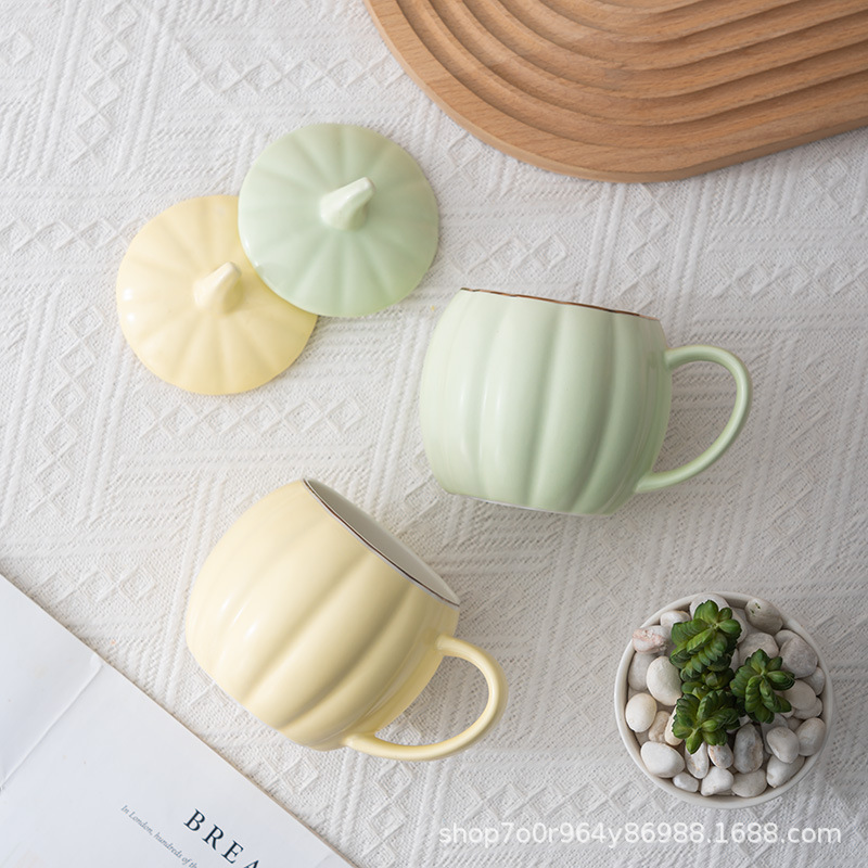 Taza de cerámica con diseño de calabaza - Con tapa - Para oficina, desayuno, café y agua - Creativa y adorable