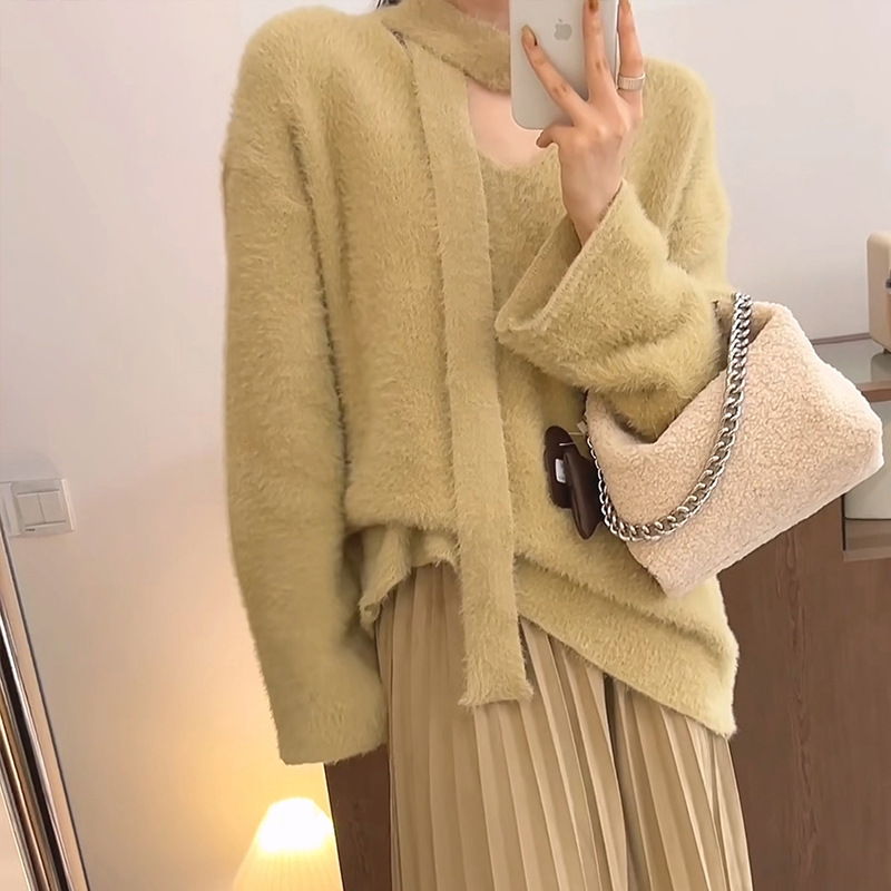 Sciarpa con scollo a V in stile coreano con pullover in pelliccia di visone, morbida maglia appiccicosa per l'autunno e l'inverno delle donne_voghion.com