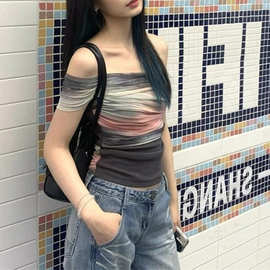 一字肩拼接不规则短袖T恤女夏季新款撞色修身显瘦上衣潮