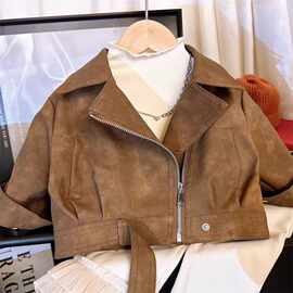 欧美儿童春秋新品翻领机车服男女童时尚短款皮衣外套带腰带夹克衫