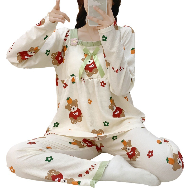 Primavera y otoño nuevo pijamas de las mujeres tejido crepe cuello cuadrado pullover pantalones manga larga con almohadilla en el pecho dulce desgaste del hogar traje