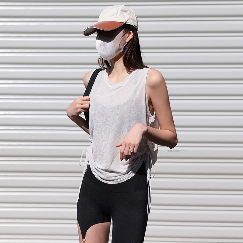 Sleeveless Drawstring Running Sports Vest Summer Thin Loose Quick-Drying Flesh-Covering Blouse Yoga Fitness Top