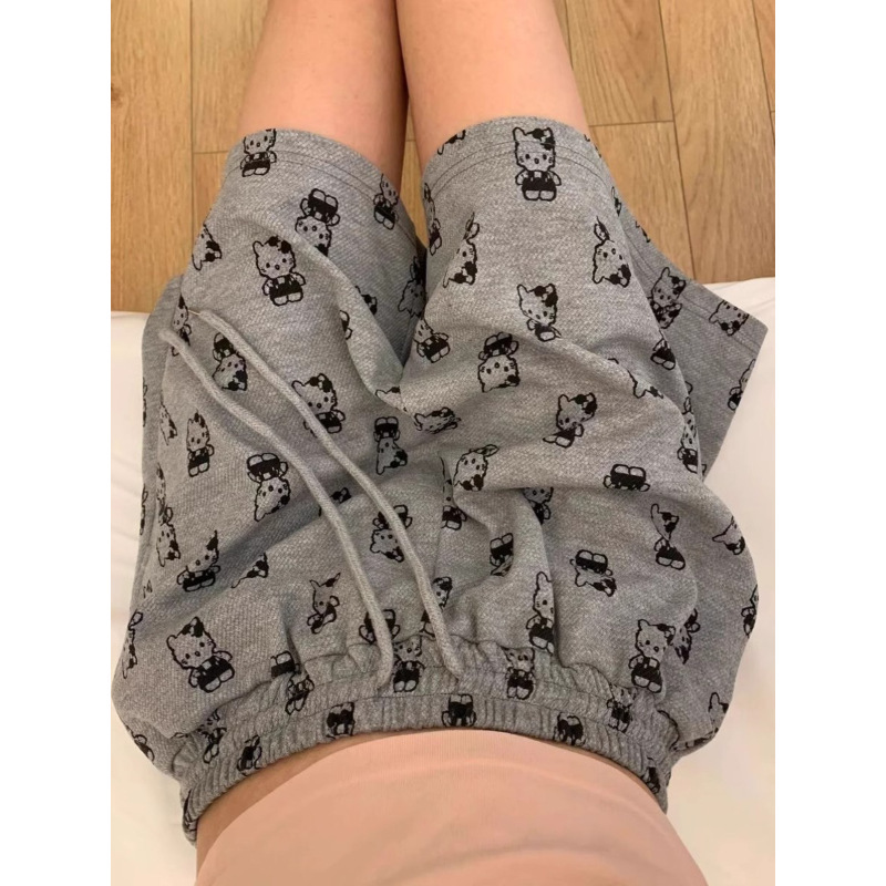 Plus Size 150kg Japanese Cartoon Kitty Cat Print Wide-Leg Shorts Women Summer Casual Loose Sports Knee-Length Shorts