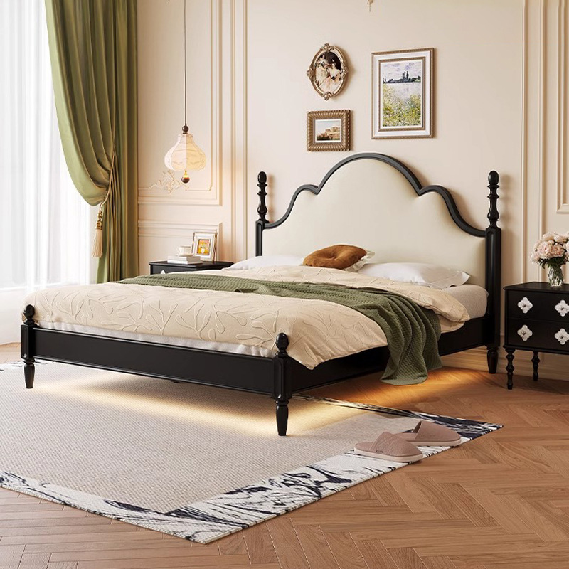 Cama de cuero retro francés, dormitorio principal, cama doble de madera maciza moderna simple y antigua, cama doble de 1,8 m 2025 nueva cama