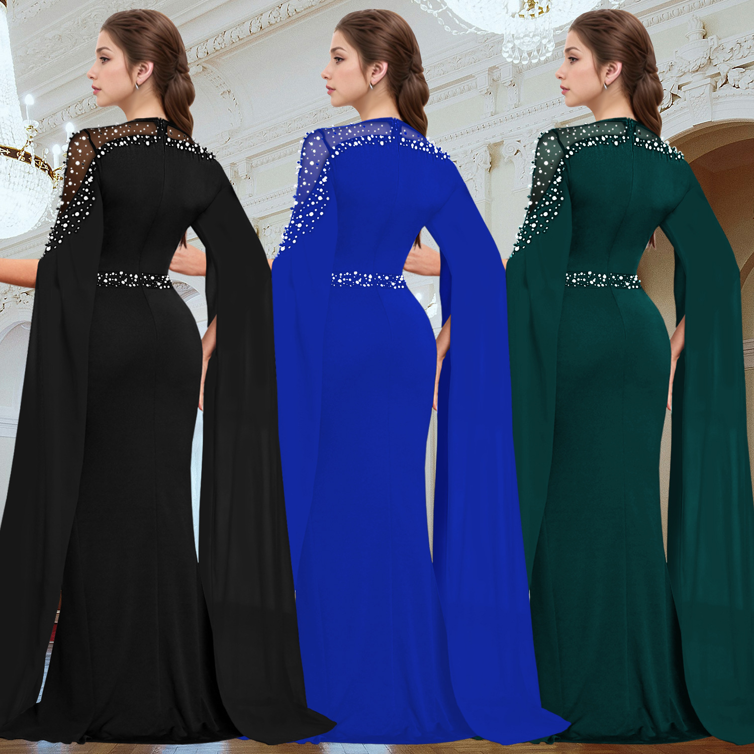Vestido de noche con mangas tipo capa y pedrería, estilo europeo y americano, de AliExpress y Amazon, para envíos internacionales, modelo C7303.