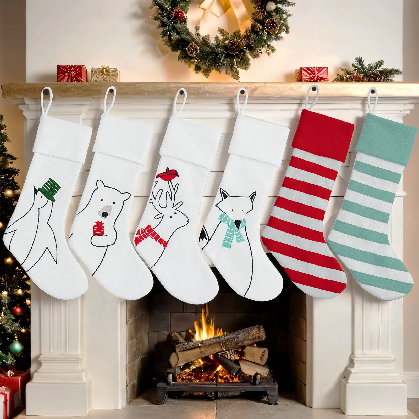 Navidad transfronteriza calcetines de Navidad blancas lindas rayas calcetines de decoración de Navidad grandes bolsas de regalo pingüino bolsas de dulces