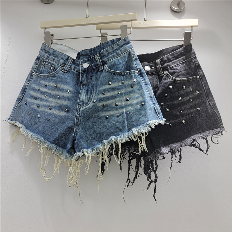 Pantalón Corto de Mezclilla con Remaches para Mujer de Cintura Baja con Bordes Deshilachados para Verano