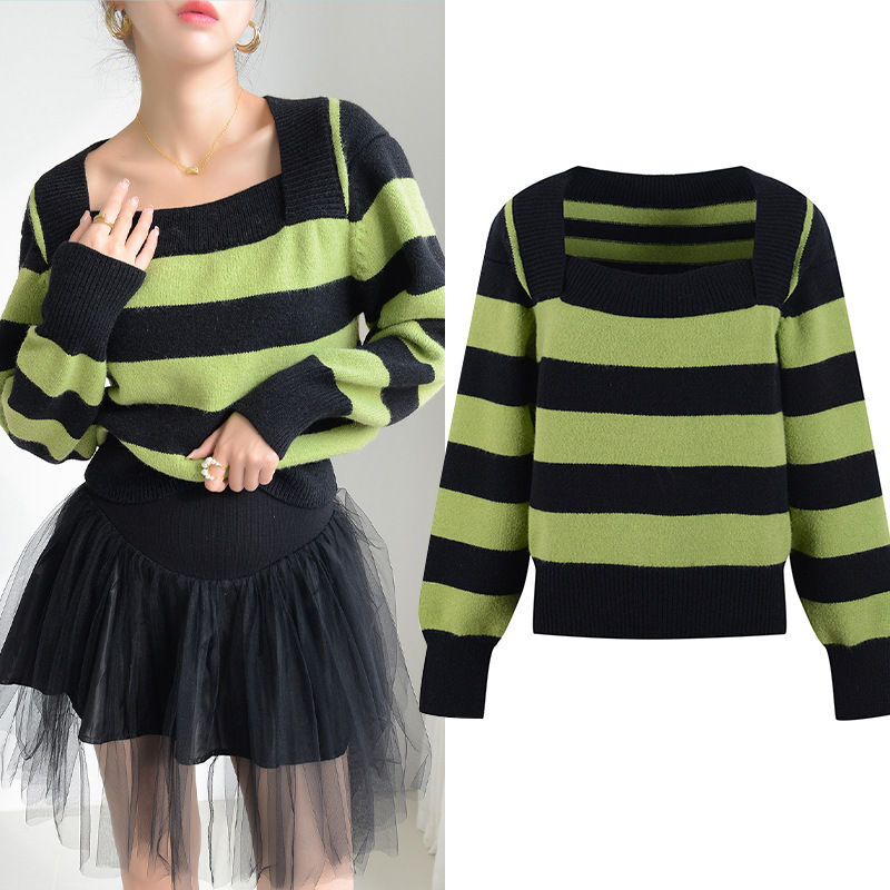 Korean style elegant women's clothing 2021 Winter new shawl collar pullover striped contrast color long sleeve knitted sweater
