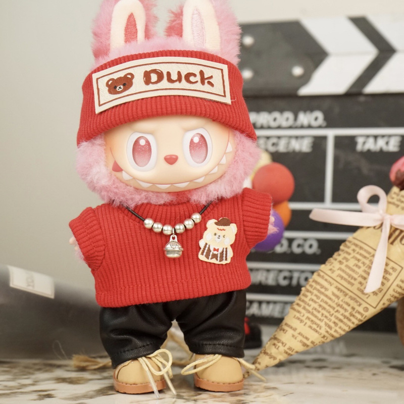 Labubu Doll Clothes 17cm Labubu Outfit Duck Bear Trendy Red T-Shirt Versatile Leather Pants Headband Set