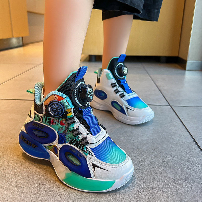 Children's Basketball Shoes 2023 Autumn New Jelly Sole Fashion Boys' Sports Shoes Button Shoes Girls' Running Shoes_voghion.com