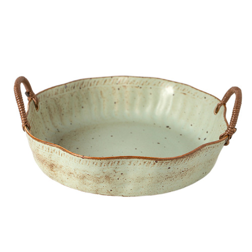 Jingdezhen coarse pottery hemp rope portable fruit plate Japanese bowl plate retro household high temperature ceramic dessert plate creative tableware