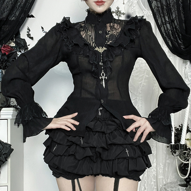 Top New Slim Fit Halloween Long-Sleeved Lace Cos Gothic Style Cf Dark Cut Out Shirt 252025242