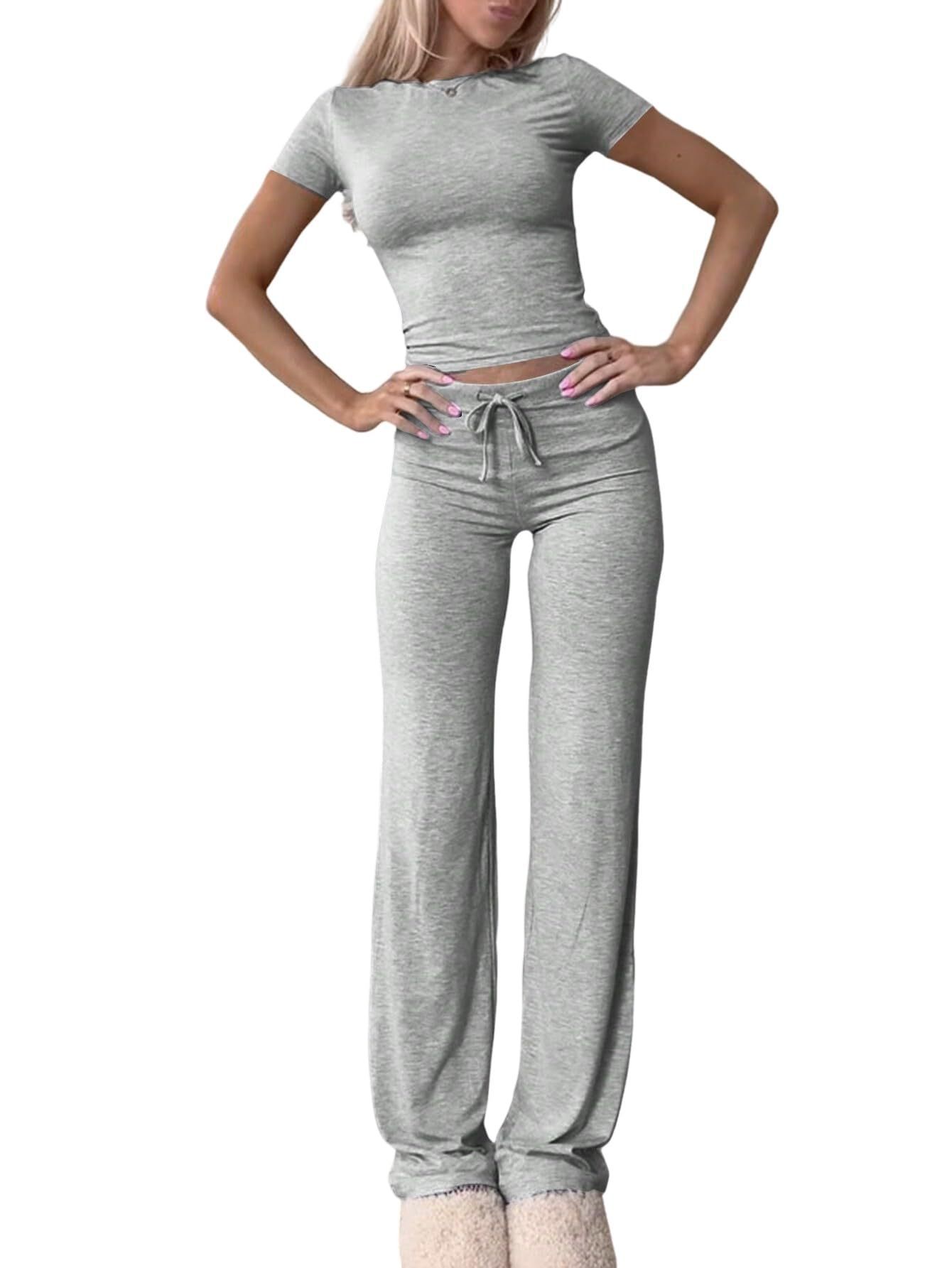 2025 European And American Cross-Border New Casual Set Short Sleeve Top Long Pants Homewear Sportswear Yoga Wear_ecoleips.com