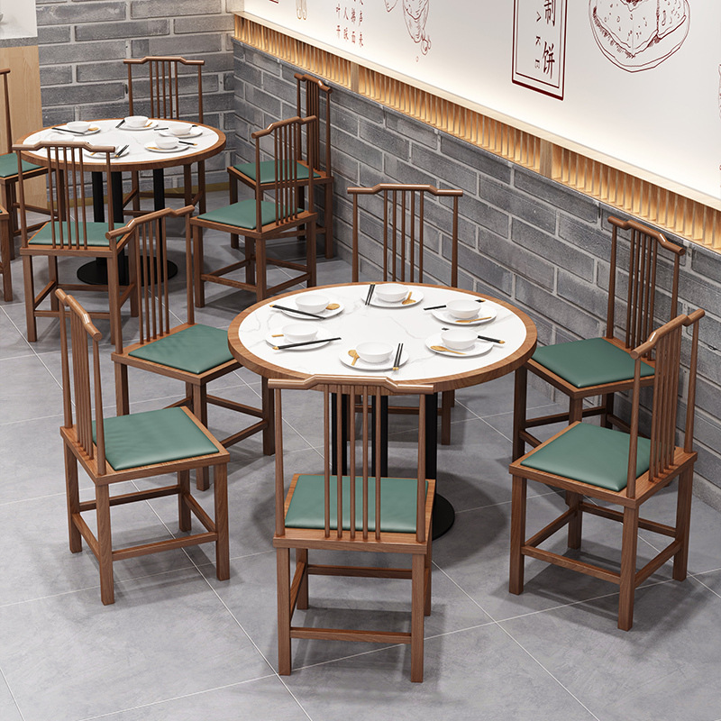 Nuevo restaurante de estilo chino occidental sofá de asiento de ficha contra la pared estilo nacional de estilo Hunan restaurante de cocina de madera maciza cubierta tabla de roca mesa de comedor combinación de silla