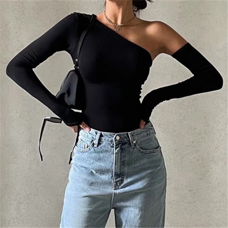 Slim solid color slanted shoulder long sleeves top NSXDX117542