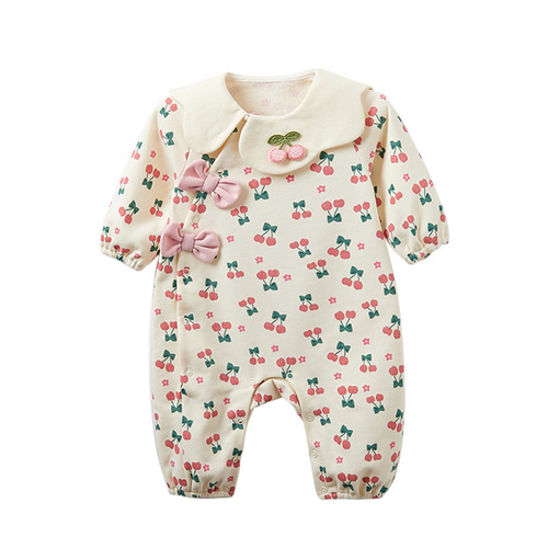 Baby Spring and Autumn Set Clothes for Girls, Onesie with Chinese Style, Birthday and 100th Day Outfit for Newborns, Long Sleeve Crawling Suit
