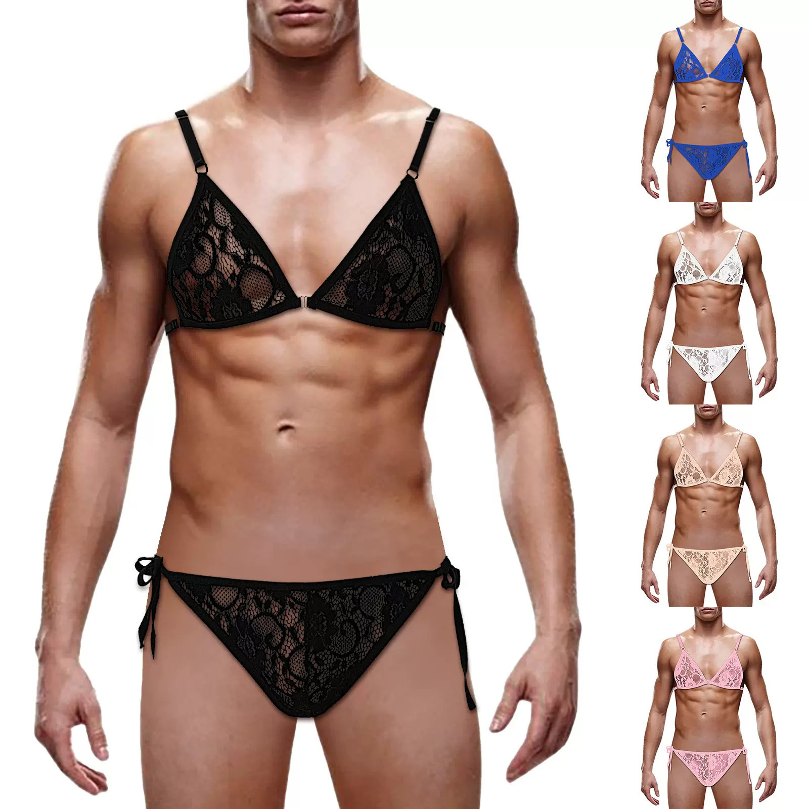 男士蕾丝比基尼系带套装 性感透视可调节均码泳衣肩带情趣内衣