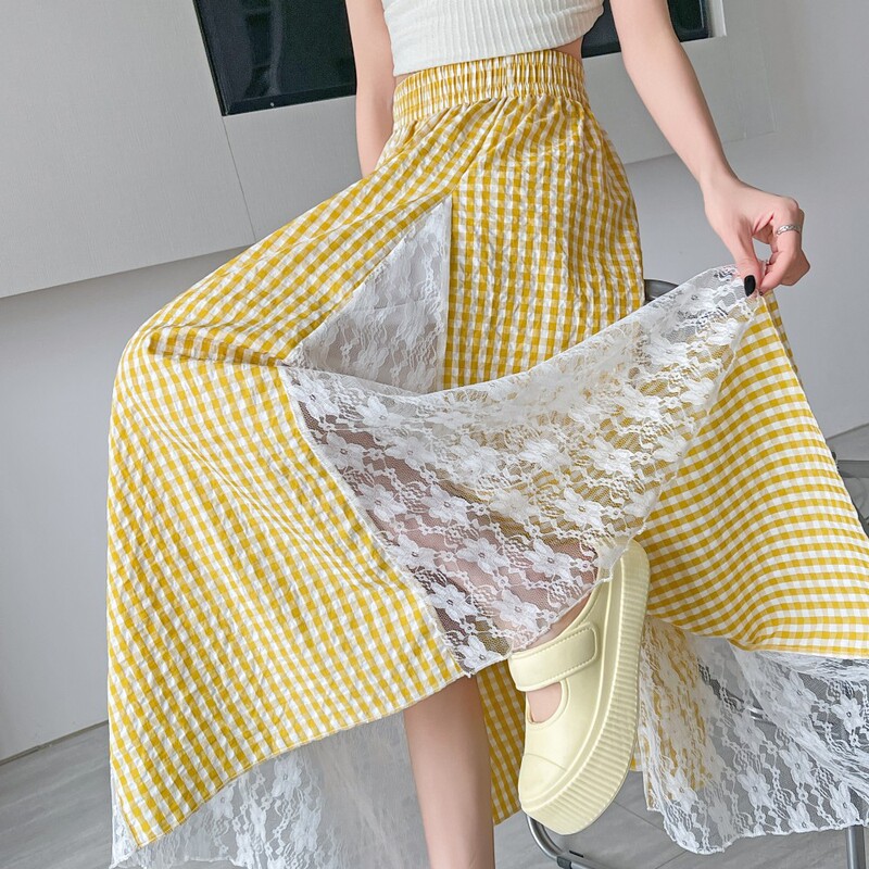 Sweet Lace Patchwork Plaid Skirt for Petite Women, Summer 2026 New Style, Slimming and Versatile High-Waisted A-Line Long Skirt Sweet Lace Patchwork Plaid Skirt for Petite Women, Summer 2026 New Style, Slimming and Versatile High-Waisted A-Line Long Skirt