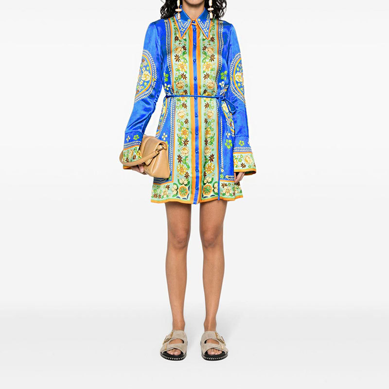 Women's Dress With Turn-Down Collar, Tie Waist, Printed Long Sleeves_ecoleips.com