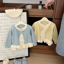 女宝宝春秋装韩系假两件毛衣女童可爱花边针织衫婴儿洋气休闲外套