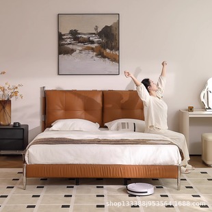 Middle Ancient Bauhaus Bed khaki Full Leather Bed 2024 New Entry Luxury High-end Feeling Bed Master Bedroom Amber Bed