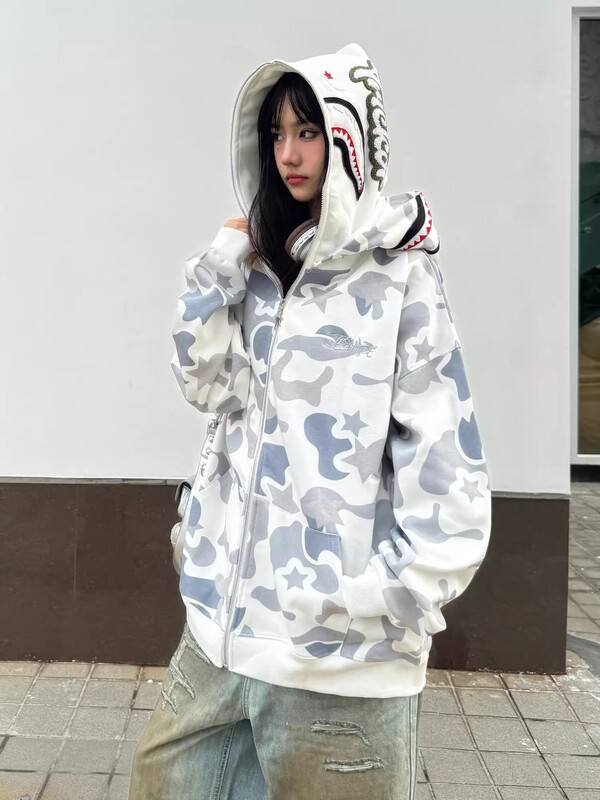 Guochao ダブルキャップ迷彩フード付きスウェットシャツメンズ春秋アメリカンレトロトレンディブランドルーズカジュアルジッパーカーディガンジャケット|undefined