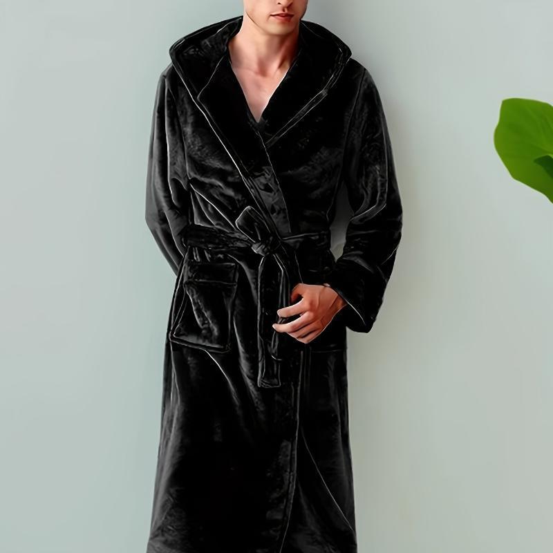 1pc Polyester Knit Men's Casual Long Sleeve Hooded Robe with