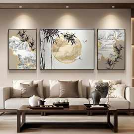 竹意山水新中式客厅装饰画竹子三联沙发背景墙挂画中国风水墨壁画