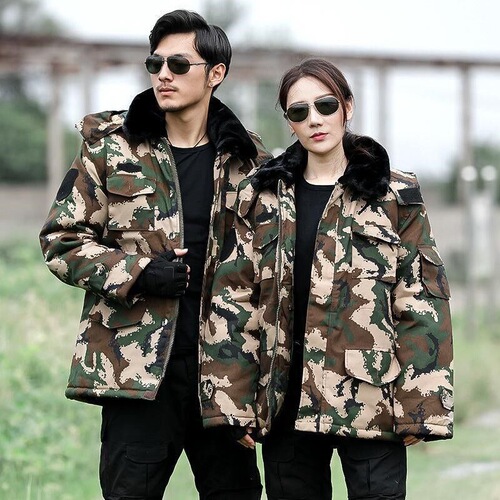 Camouflage cotton coat men's winter medium-length velvet thickened cold-proof military green labor protection women's military coat cotton-padded jacket