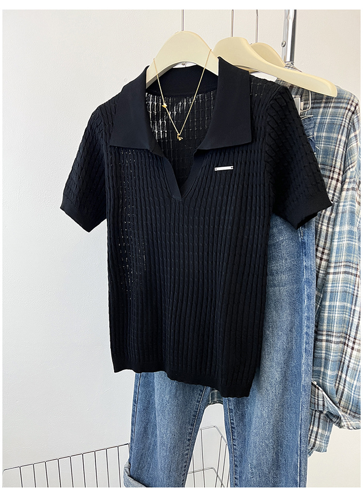 Elegante t-shirt da donna in maglia a trecce con collo a revers_voghion.com