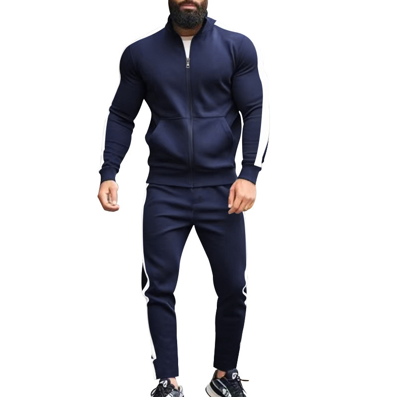 Traje de dos piezas de otoño e invierno de manga larga para hombre transfronterizo de Amazon, chaqueta deportiva casual con cuello alto en contraste, suéter, traje de hombre