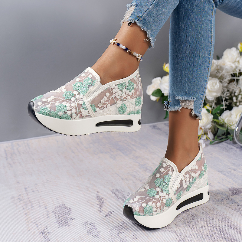 Women's Flats 2026 Spring New Korean Style Lace Mesh Casual Slip-On High Heels with Hidden Height Increase Platform Sole Women's Flats Women's Flats 2026 Spring New Korean Style Lace Mesh Casual Slip-On High Heels with Hidden Height Increase Platform Sole Women's Flats
