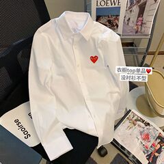 日本製白ラブポロカラーシャツ春新作無地カジュアルカップル気質長袖トップ刺繍多用途