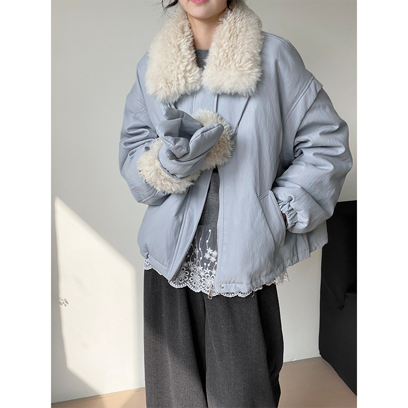 Then [send gloves] soft pu leather lamb fur collar down jacket women's American retro thick warm coat 2392