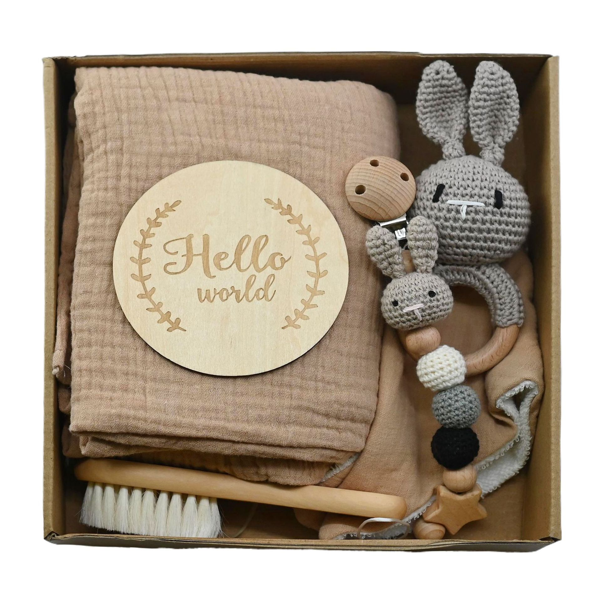 Nuevo bebé animal crochet campana de madera caja de regalo de nacimiento juego cadena de chupete bebé nacimiento luna llena regalo