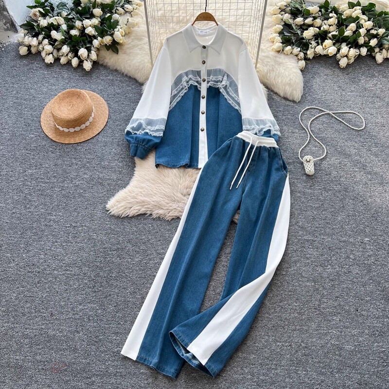 Autumn Fashion Two-Piece Set for Women, High-End Lace Splicing Long-Sleeved Contrasting Denim Tops, High-Waisted Wide-Leg Straight Pants Autumn Fashion Two-Piece Set for Women, High-End Lace Splicing Long-Sleeved Contrasting Denim Tops, High-Waisted Wide-Leg Straight Pants
