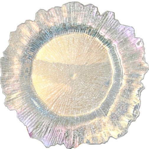 Nuevo diseño de decoración de mesa de boda plástico transparente cargador de borde irregular placa de melamina transparente redonda