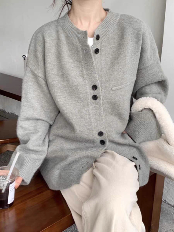 灰色宽松慵懒风日系针织开衫女秋冬软糯小香风毛衣外套设计感上衣|undefined