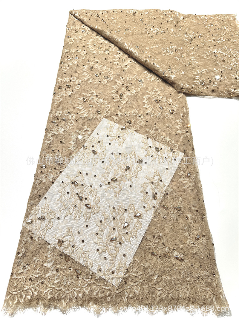 Champaña oro pesado clavos tela de encaje goteo taladro de mano encaje cosido tela de vestido de boda alta