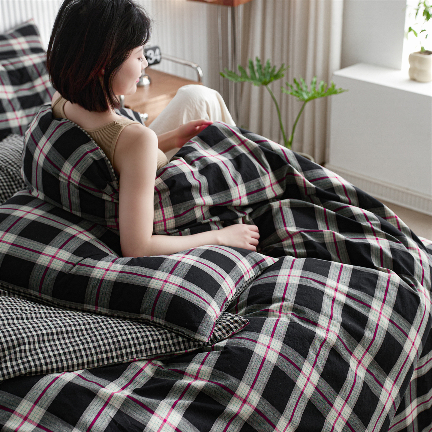 Vintage Plaid Washed Cotton Bedding Set For Dormitory Single Bed_voghion.com