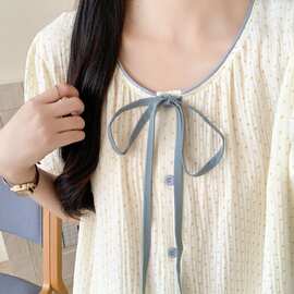 奶黄波点撞色家居服套装女 夏季甜美风泡泡袖可外穿睡衣 一件代发